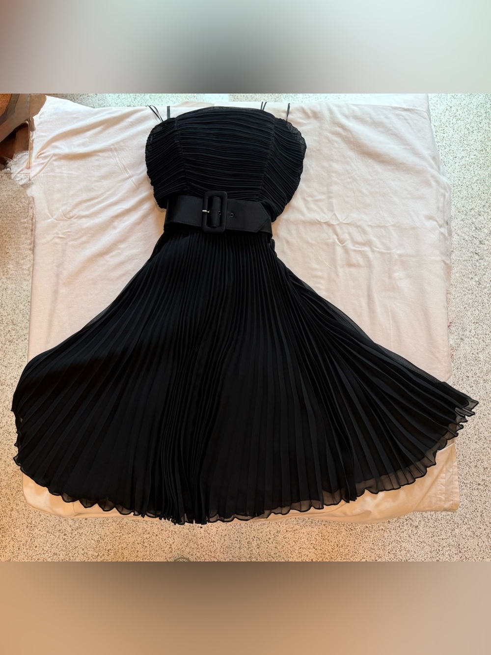 Black Pleated Strap Dress with Waist Belt by A.B.S. Evening by Allen Schwartz